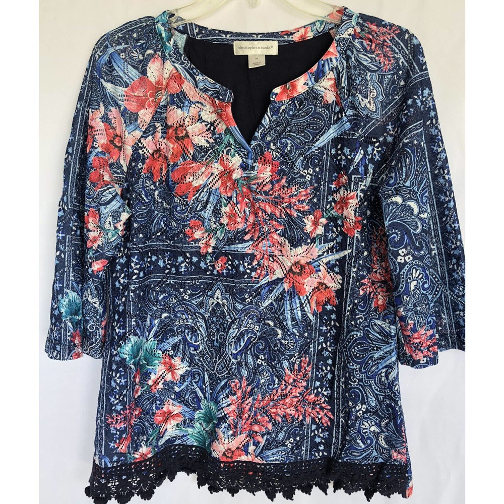 Christopher & Banks 3/4 Sleeve Blue Coral Floral Lace-Trim Printed Top Shirt Med